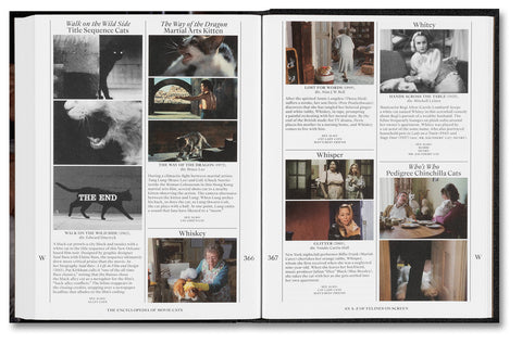 Illustration of various cats from "The Encyclopedia of Movie Cats" book by A24, featuring feline characters on screen.