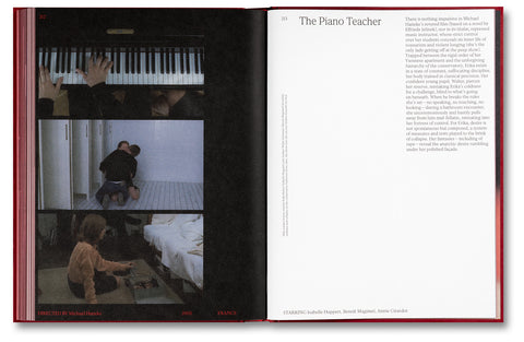 Open film book titled "In the Mood?" by A24, featuring pages with movie scenes and vibrant film-themed illustrations.