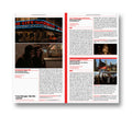Open spread of A24 film book titled "On Location in New York City" showing images and text about NYC film locations.