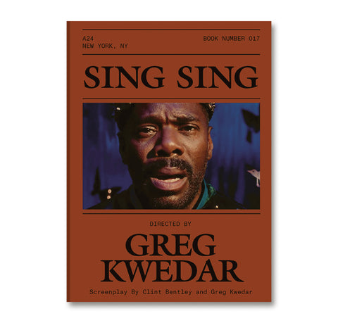 Cover of the Sing Sing screenplay book by A24, featuring bold typography and artwork related to the film.