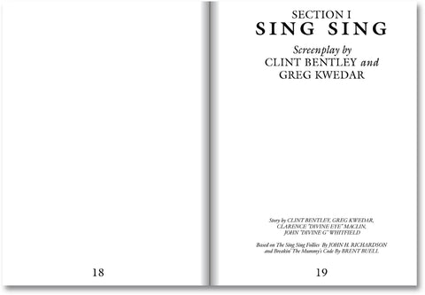 Open Sing Sing screenplay book by A24 showing handwritten notes and script pages from the film.